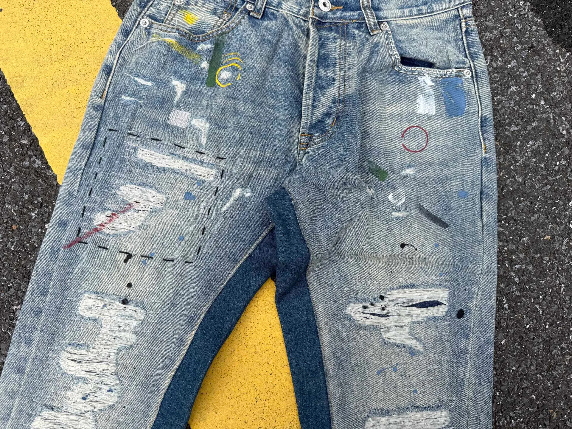 P300💰GA02 Top heavy industry GALLERY DEPT. Spliced ​​ink splash paint hand-stitched holes washed retro jeans men and women high street splash ink pants micro-flared casual trousers trendy couple same style Size: 28 30 32 34 36 (corresponds to S M L XL XXL)